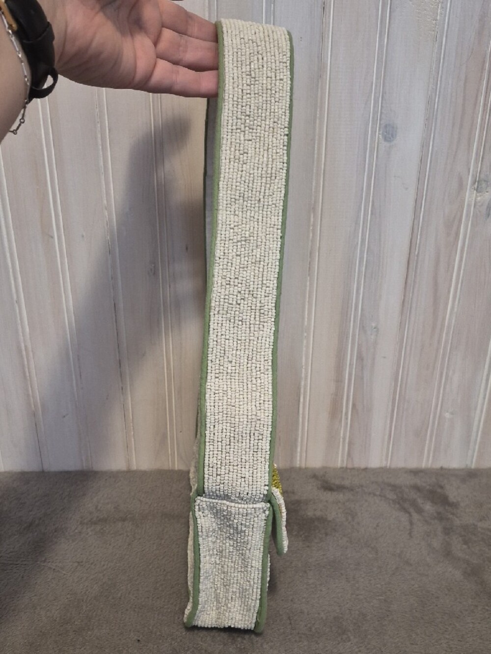 Beaded Vegetable Embroidery Shoulder Bag in Cream and Green - Picture 4 of 5